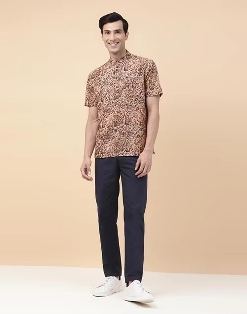 Beige Cotton Kalamkari Printed Mid Placket Shirt