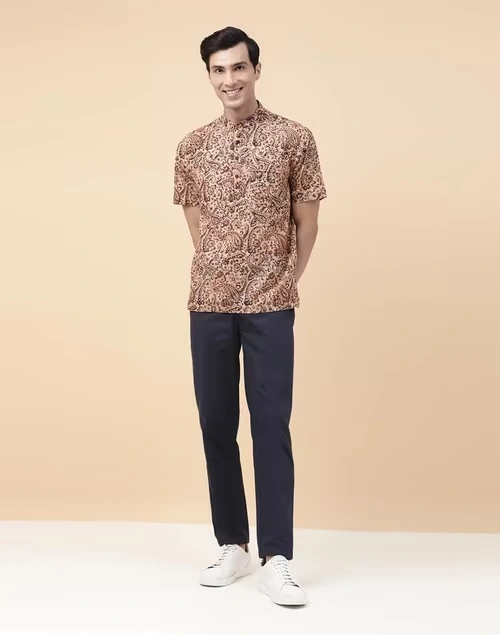Beige Cotton Kalamkari Printed Mid Placket Shirt