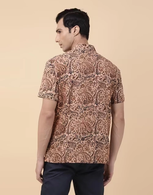Beige Cotton Kalamkari Printed Mid Placket Shirt