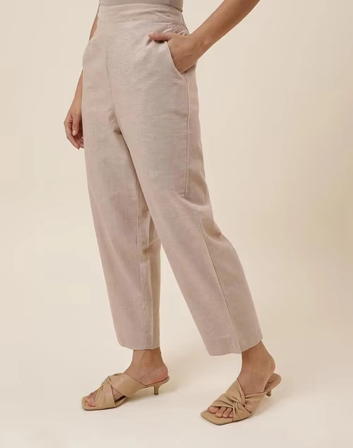 Beige Cotton Casual Tapered Pant