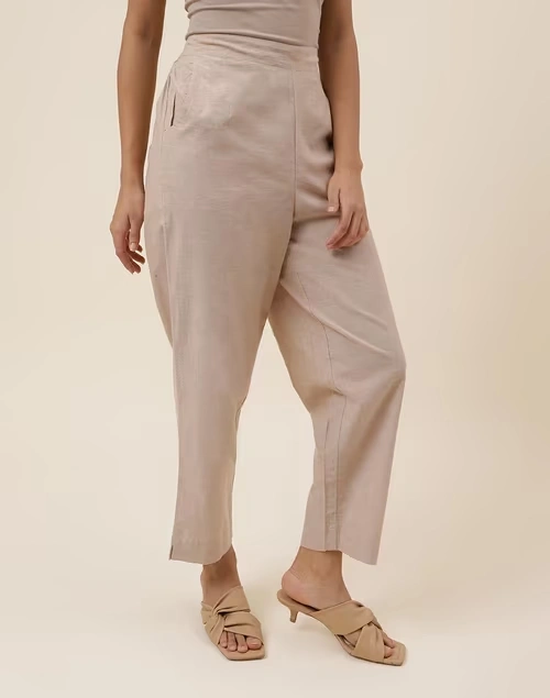 Beige Cotton Casual Tapered Pant