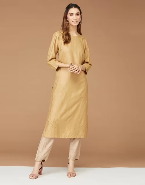 Beige Viscose Silk Embroidered Long Kurta