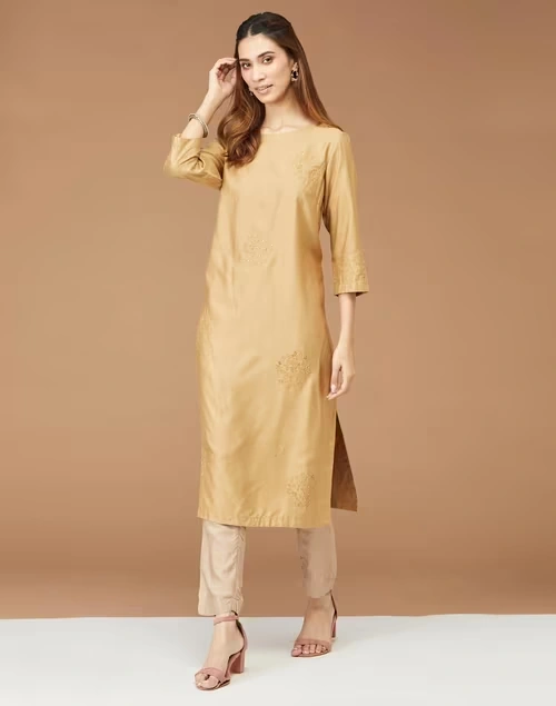 Beige Viscose Silk Embroidered Long Kurta
