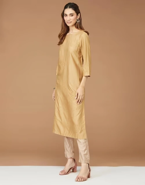 Beige Viscose Silk Embroidered Long Kurta 4 Beige Viscose Silk Embroidered Long Kurta