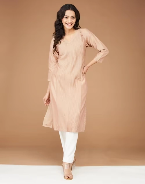 Beige Silk Blend Calf Length Long Kurta
