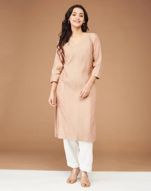 Beige Silk Blend Calf Length Long Kurta