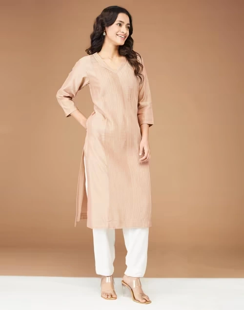 Beige Silk Blend Calf Length Long Kurta 3 Beige Silk Blend Calf Length Long Kurta