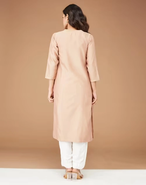 Beige Silk Blend Calf Length Long Kurta 4 Beige Silk Blend Calf Length Long Kurta