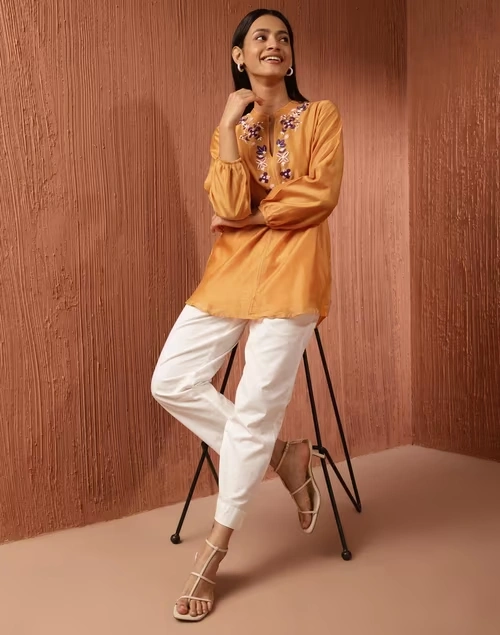 Yellow Cotton Silk Embroidered Tunic