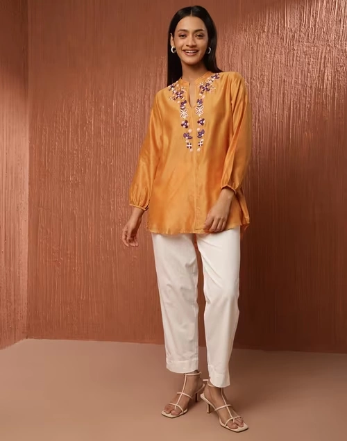 Yellow Cotton Silk Embroidered Tunic