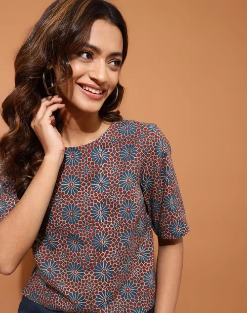 Blue Cotton Ajrakh Printed Short Top