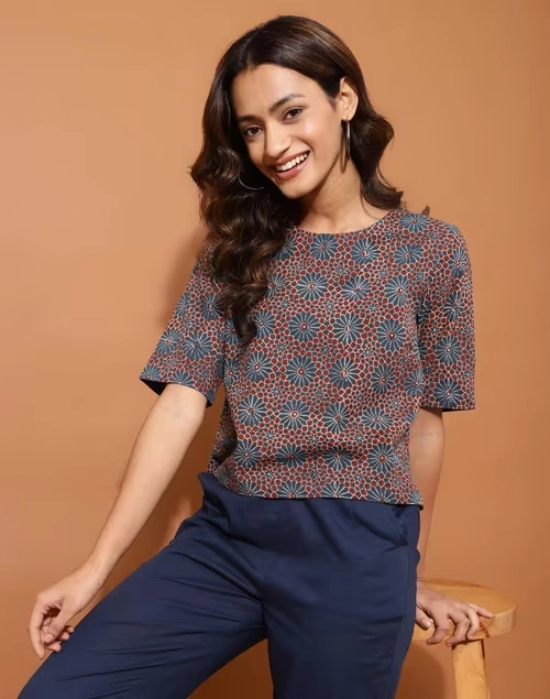 Blue Cotton Ajrakh Printed Short Top