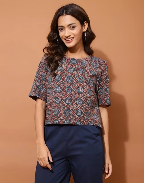 Blue Cotton Ajrakh Printed Short Top 4 Blue Cotton Ajrakh Printed Short Top