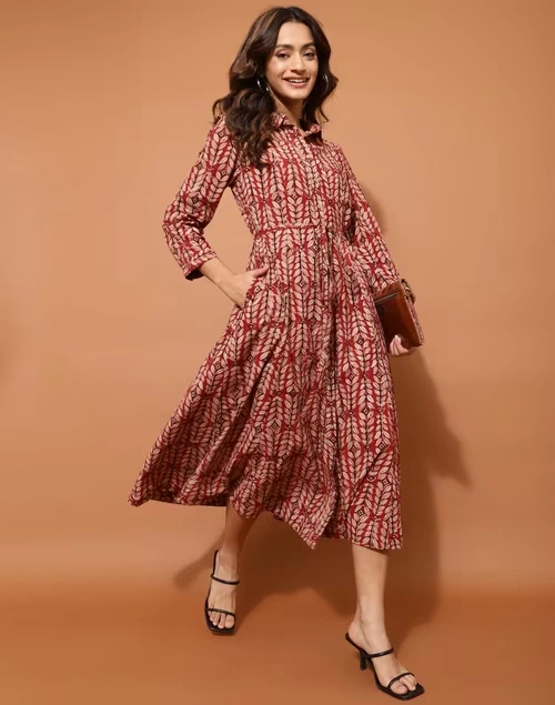 Red Cotton Kalamkari Printed Midi Dress