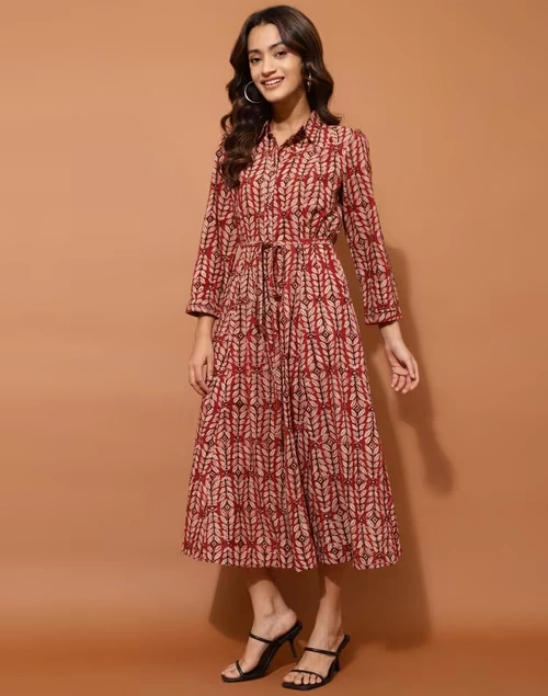 Red Cotton Kalamkari Printed Midi Dress