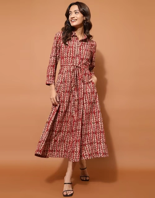 Red Cotton Kalamkari Printed Midi Dress 4 Red Cotton Kalamkari Printed Midi Dress
