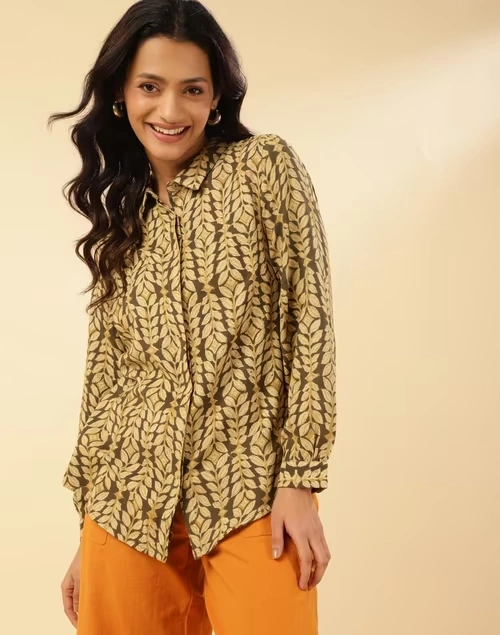 Green Cotton Kalamkari Printed Shirt