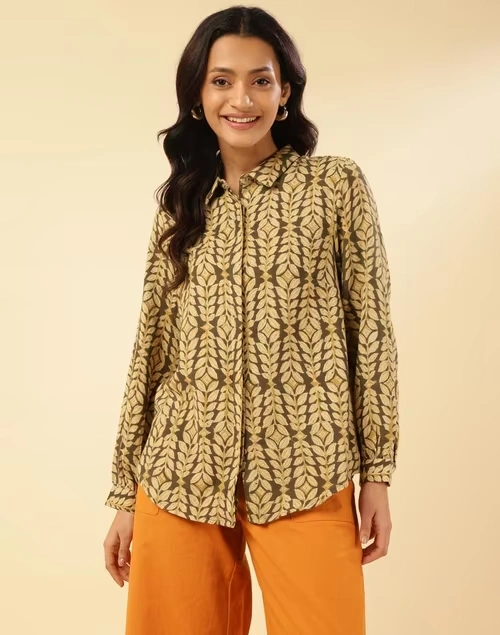 Green Cotton Kalamkari Printed Shirt