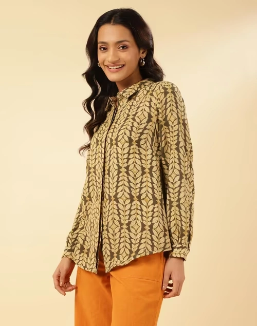 Green Cotton Kalamkari Printed Shirt