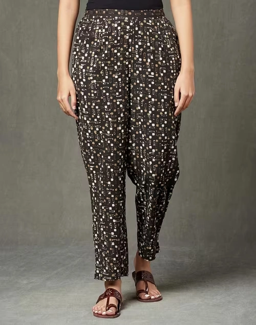 Black Cotton Linen Dabu Printed Casual Tapered Pant