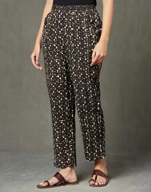 Black Cotton Linen Dabu Printed Casual Tapered Pant