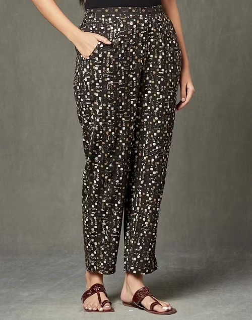 Black Cotton Linen Dabu Printed Casual Tapered Pant