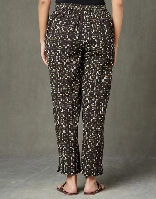 Black Cotton Linen Dabu Printed Casual Tapered Pant