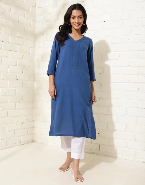Blue Cotton Chikankari Long Kurta
