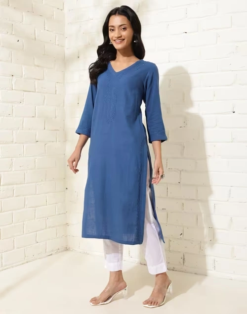 Blue Cotton Chikankari Long Kurta