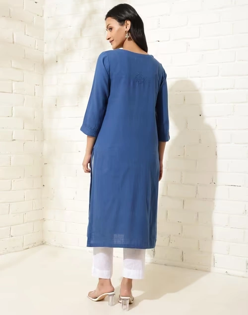 Blue Cotton Chikankari Long Kurta