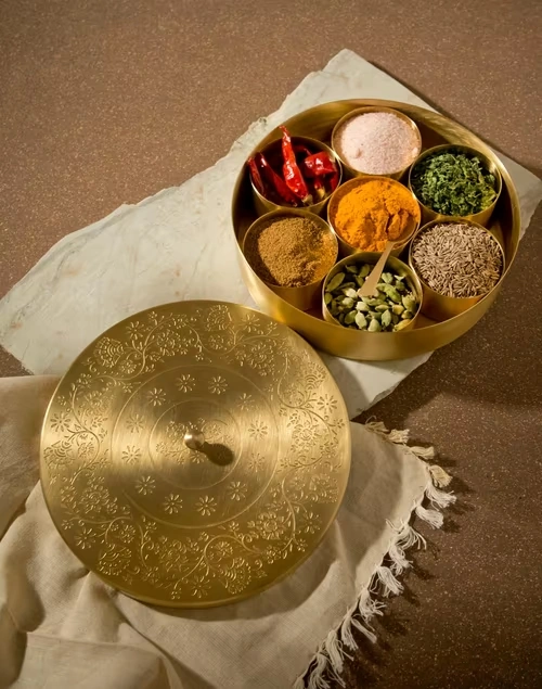 Brass Rasa Metal Etched Spice Box Gift Set