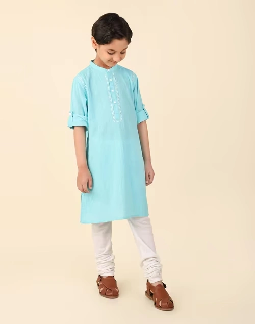 Light Blue Cotton Chikankari Long Kurta