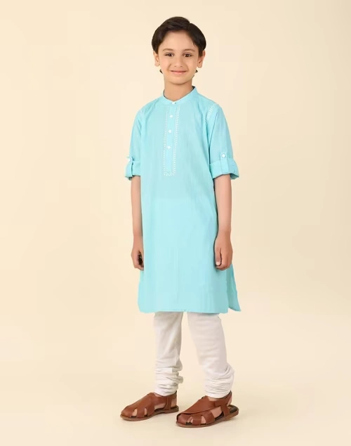 Light Blue Cotton Chikankari Long Kurta