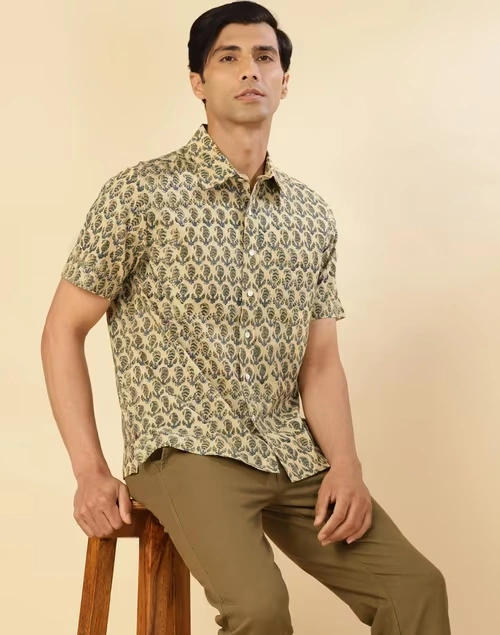 Beige Cotton Kalamkari Printed Bush Shirt