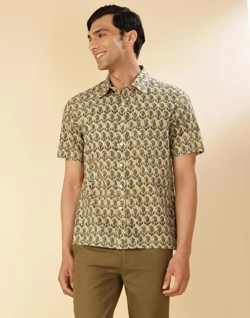 Beige Cotton Kalamkari Printed Bush Shirt