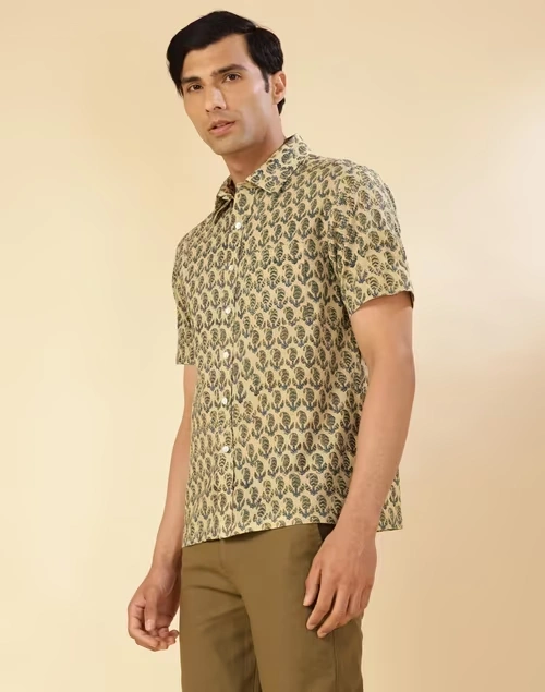 Beige Cotton Kalamkari Printed Bush Shirt