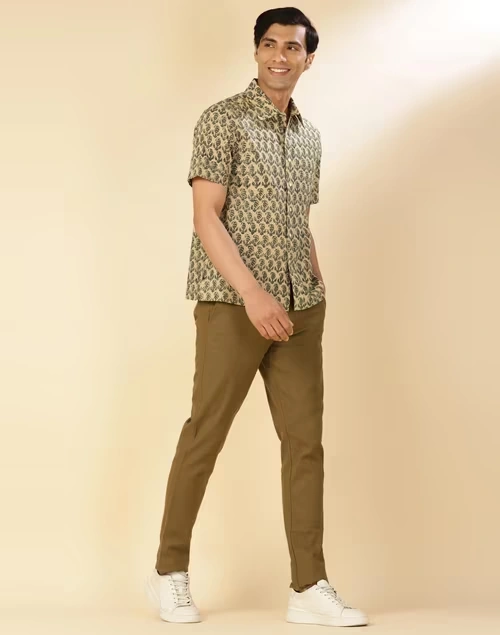 Beige Cotton Kalamkari Printed Bush Shirt