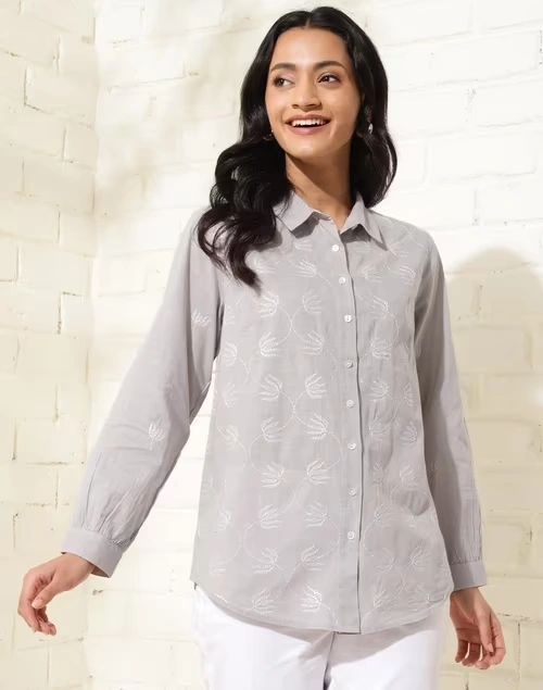 Grey Cotton Chikankari Shirt