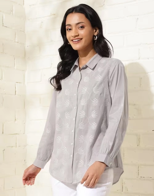 Grey Cotton Chikankari Shirt