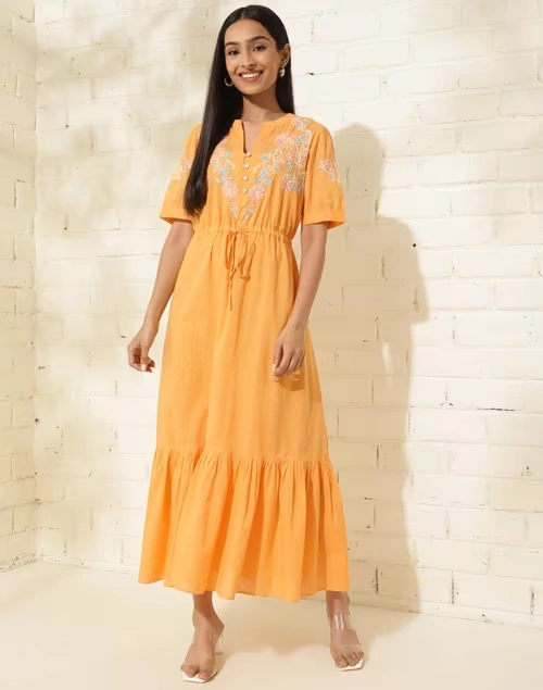 Yellow Cotton Chikankari Maxi