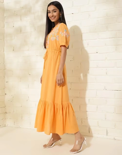 Yellow Cotton Chikankari Maxi