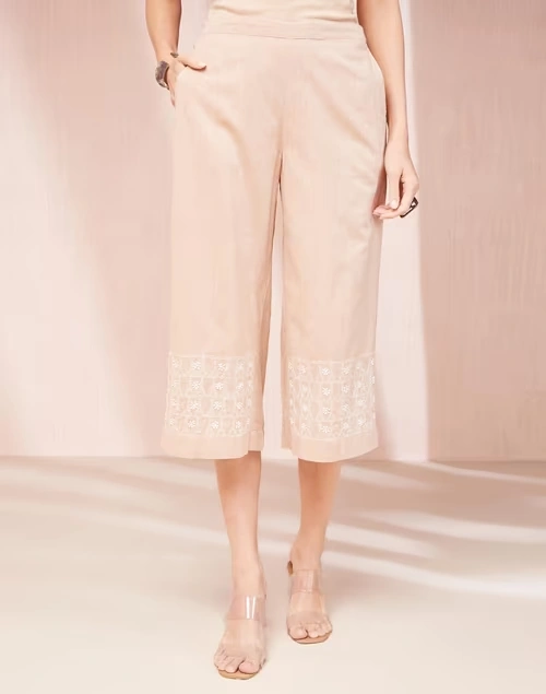 Beige Cotton Chikankari Culottes