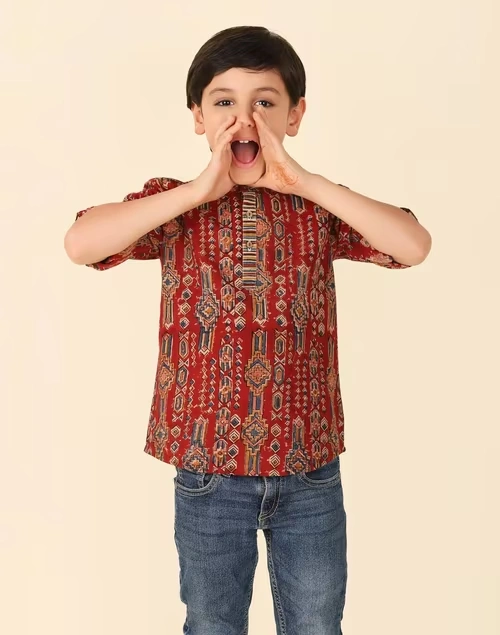 Red Cotton Kalamkari Printed Kurta Short