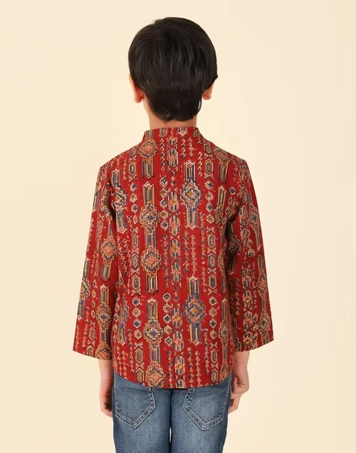 Red Cotton Kalamkari Printed Kurta Short