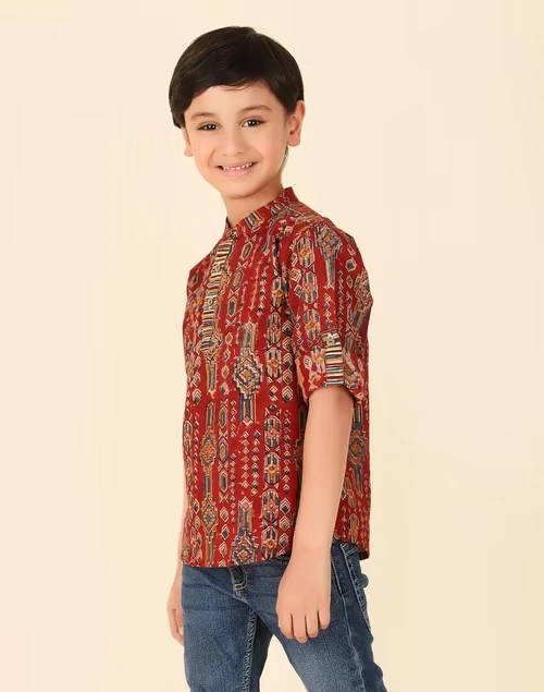 Red Cotton Kalamkari Printed Kurta Short