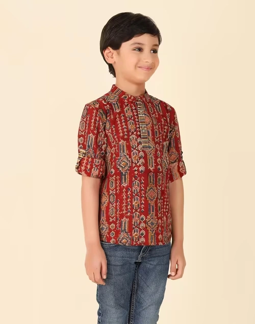 Red Cotton Kalamkari Printed Kurta Short