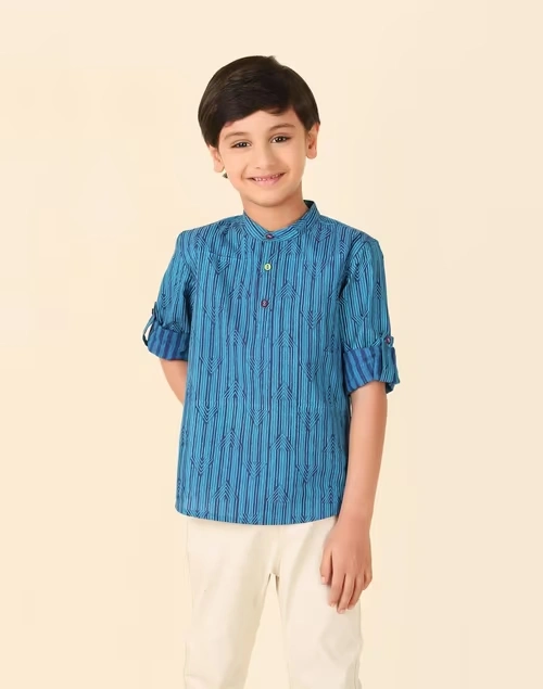 Blue Cotton Hand Block Printed Kurta Short