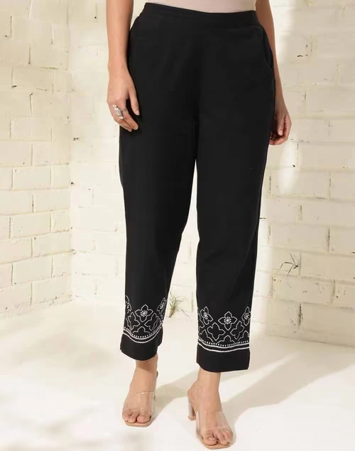 Black Cotton Chikankari Casual Tapered Pant