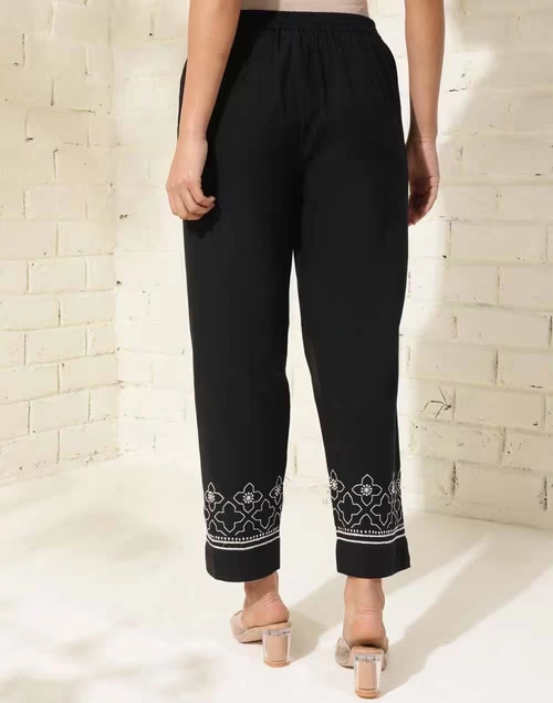 Black Cotton Chikankari Casual Tapered Pant