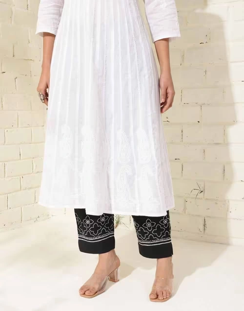 Black Cotton Chikankari Casual Tapered Pant